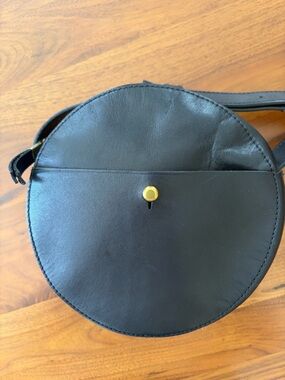 Madewell Marfa Black Round Leather Crossbody Bag with Brass Accent
